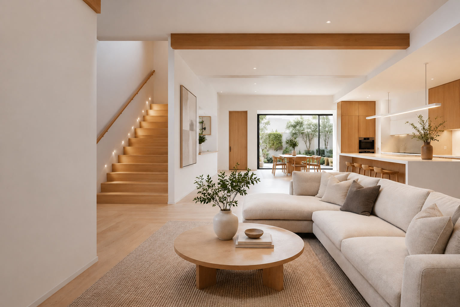 Warm modern interior with timber stairs, kitchen, dining area, and lounge