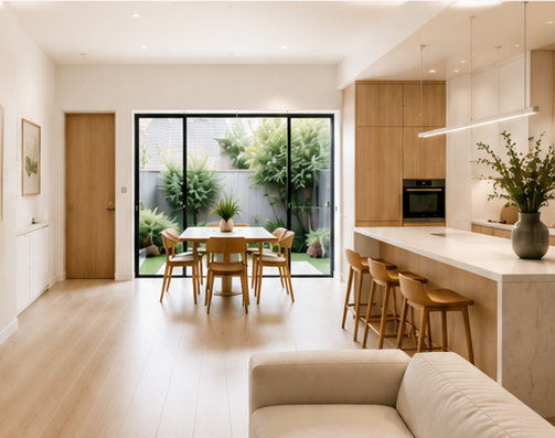 Bright finished kitchen and dining interior